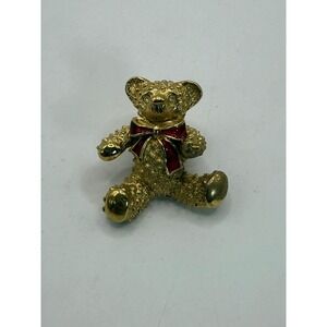 Vintage Gold Tone Teddy Bear Brooch with Red Enamel Bow